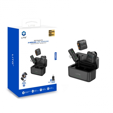 Microfone de lapela sem fio LITO LM04 com redução de ruído por IA, o melhor da categoria, e som cristalino. 