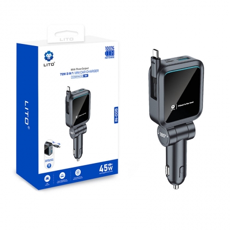LITO IN-C05 72W Carregador de carro mini 3 em 1 com cabo retrátil 
