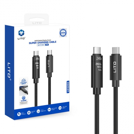 LITO LD32CC Cabo de carregamento rápido USB-C para USB-C de 240W com visor TFT de energia em tempo real 