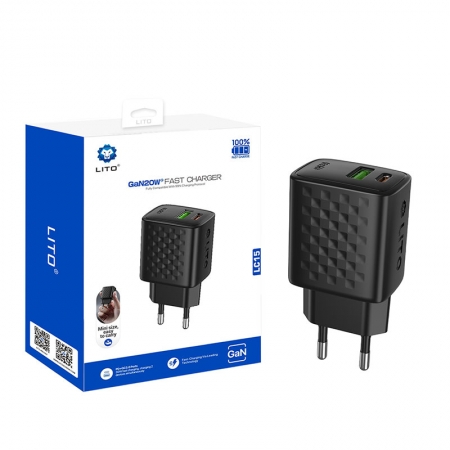 Carregador rápido LITO LC15 GaN de 20 W com porta dupla USB-C e USB-A 