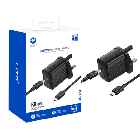 Carregador Rápido GaN Dual USB-C 45W LITO LC23 com Plugue UK para Carregamento de Viagem Mais Rápido e Seguro 