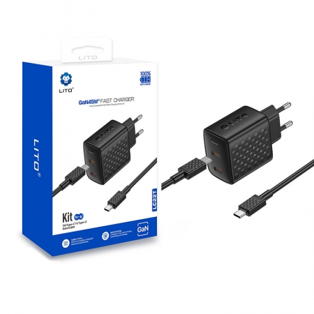 Carregador Rápido GaN Dual USB-C 45W LITO LC22 para Plugue EU 