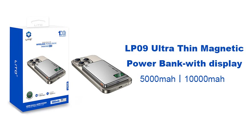 Carregador portátil magnético ultrafino LITO LP09 com tela: inteligente, fino e confiável