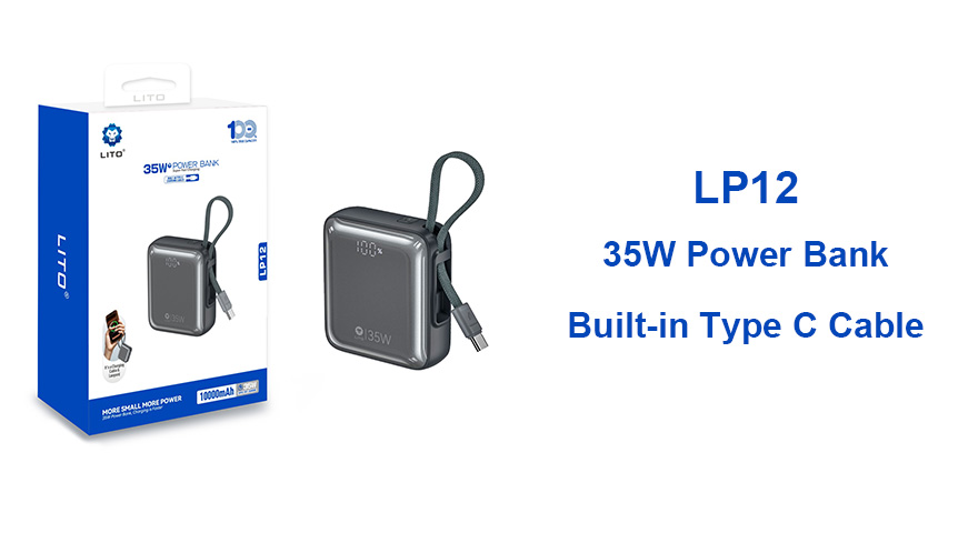 Mini Power Bank LITO LP12 de 35 W | Cabo Tipo C integrado e carregamento rápido em qualquer lugar