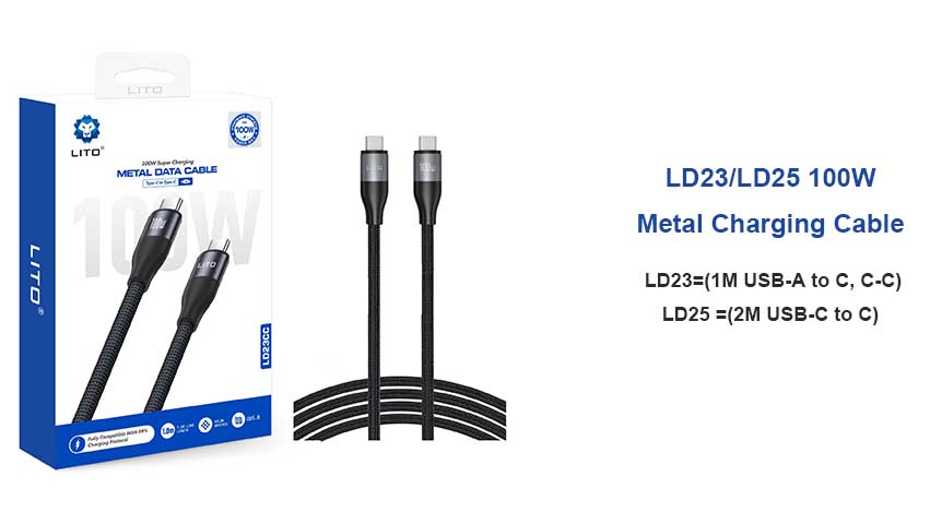 Cabo de carregamento rápido tipo C LITO LD23 LD25 100 W 1 M 2 M