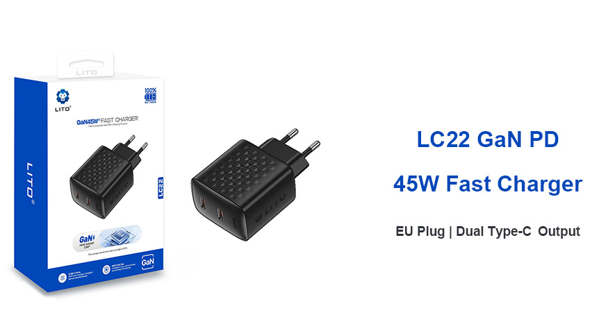 Procurando um carregador GaN compacto de 45W com carregamento rápido USB-C duplo?