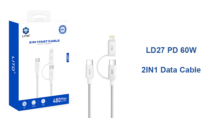 Cabo de carregamento rápido LITO LD27 60W 2 em 1 para USB-C e Lightning